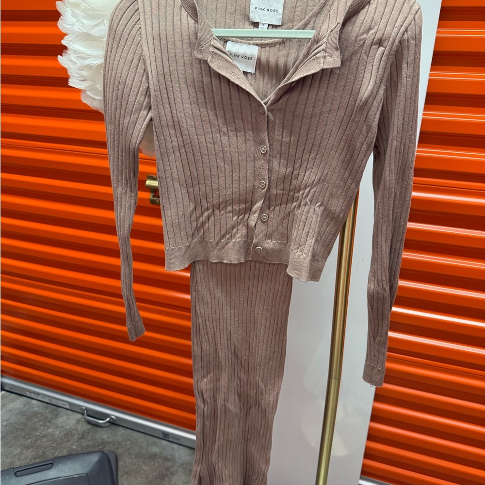 Pink Rose Ribbed Knit Jumpsuit in Brown